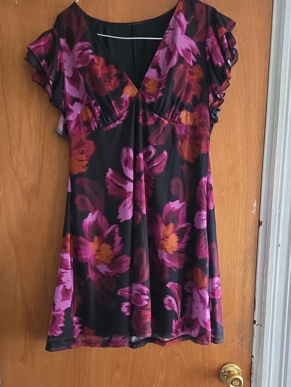 Black Floral V-Neck Women’s Dress with Magenta and Orange Accents